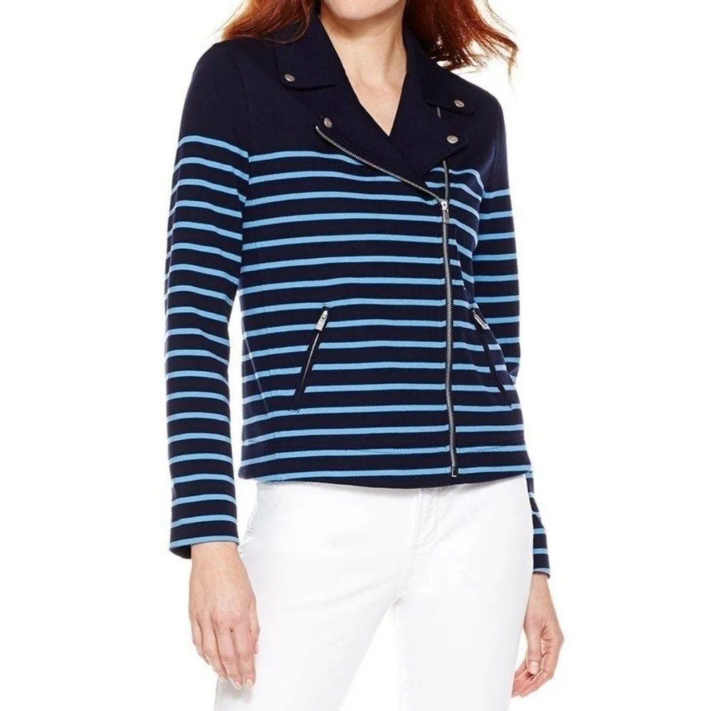 NYDJ Navy Blue Stripe Ponte Knit Moto Jacket Zip Pockets Preppy Modern Nautical